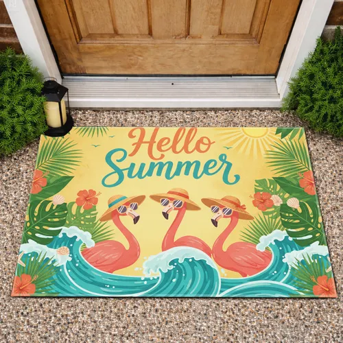 Pink Flamingos Hello Summer Tropical Beach - Summer Home Decor Gift for Beach Lover Doormat