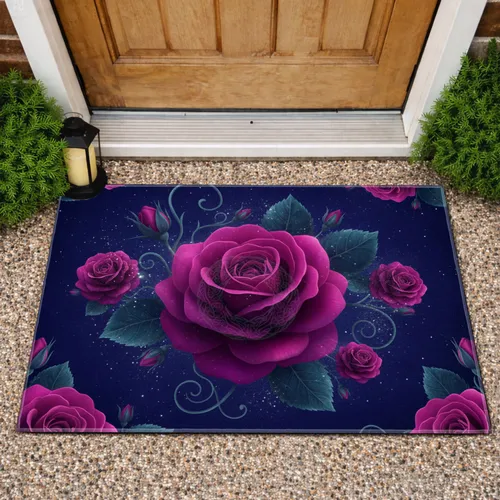 Majestic Full Bloom Rose Foliage Cosmic Midnight Garden - Luxury Home Decor Gift Doormat