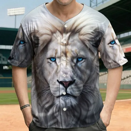 Centered White Lion Face with Flowing Mane and Piercing Blue Eyes - Wildlife Lover Gift Baseball Jersey