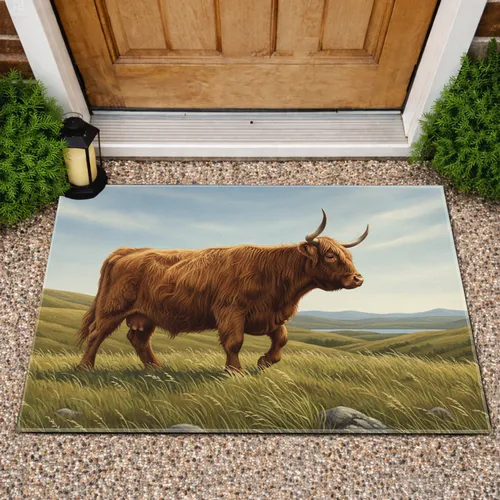 Highland Cow Rolling Hills Landscape - Home Decor Gift for Cow Lover Doormat