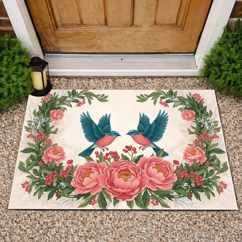 Teal Bluebirds Pink Peonies Red Berries - Wildlife Lover Home Decor Gift Doormat