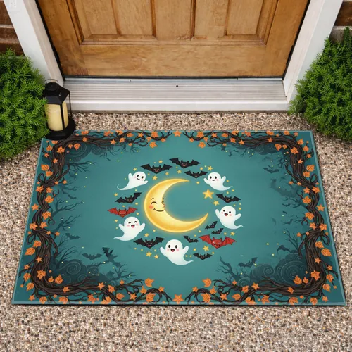 Smiling Ghosts Vampire Bats Golden Moon Autumn Foliage - Halloween Party Doormat