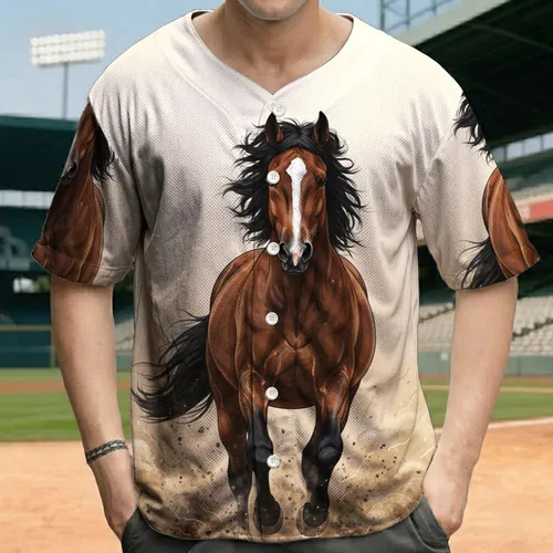 Powerful Brown Horse Galloping with White Blaze and Dynamic Dust Cloud - Horse Lover Gift Baseball Jersey