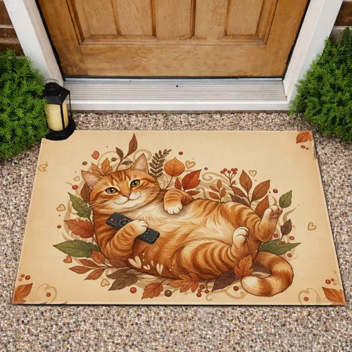 Tabby Cat Remote Autumn Leaves - Fall Home Decor Gift for Cat Lover Doormat