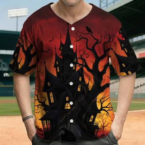 Haunted House Grim Reaper Barren Tree Crow Bats Halloween Party for Horror Lover Baseball Jersey