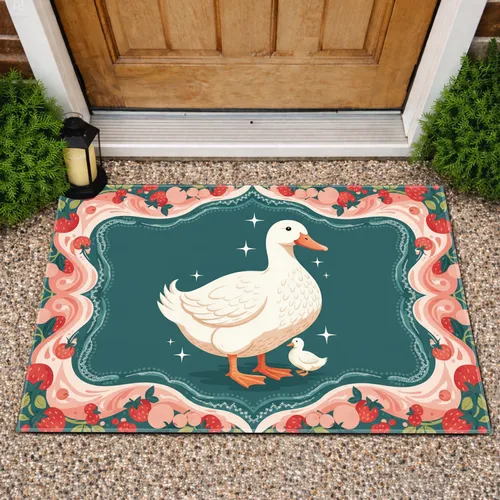 White Duck Duckling Strawberry Leaf Border - Home Decor Gift for Duck Lover Doormat