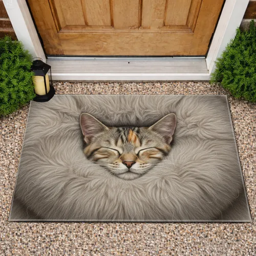 Peacefully Sleeping Striped Tabby Cat Plush Bed - Home Decor Gift for Cat Lovers Doormat