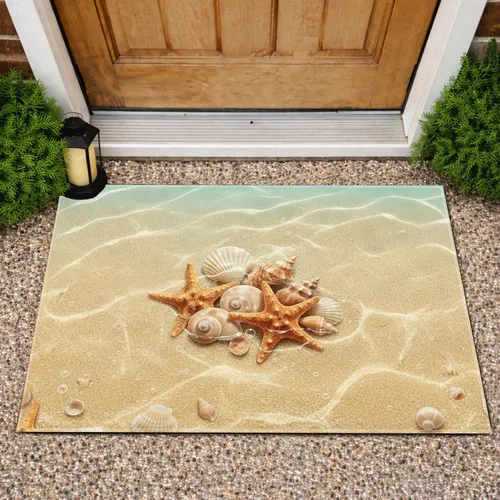 Seashells Clam Conch Starfish Sandy Ocean Water - Coastal Home Decor Gift Doormat
