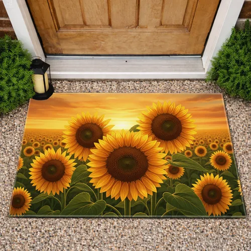 Sunflower Blooms Green Leaves Sunset Field - Home Decor Gift for Garden Lover Doormat