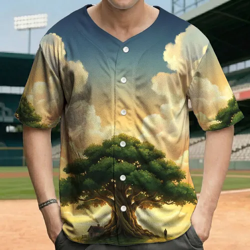 Ancient Tree Rural House Hillside Landscape with Sunset Horizon Glow - Home Decor Gift Baseball Jersey