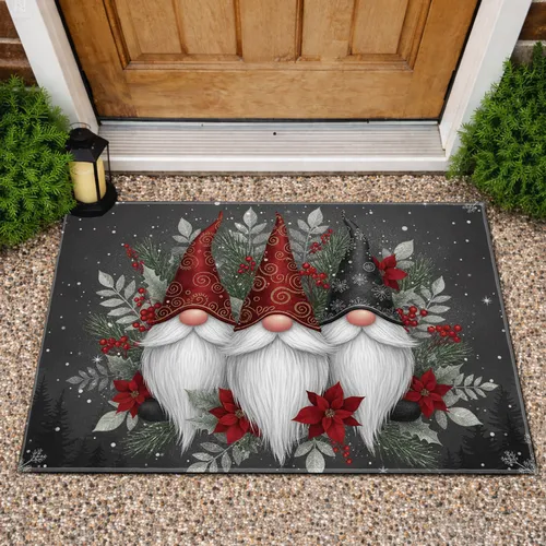 Festive Gnomes Winter Poinsettia - Christmas Home Decor for Gnome Lover Doormat