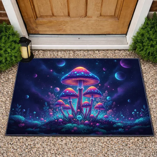 Bioluminescent Mushroom Cosmic Sky - Home Decor Gift for Fantasy Lover Doormat
