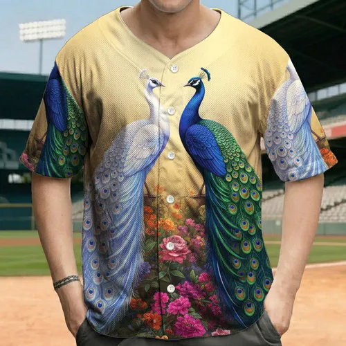 Majestic Iridescent Peacocks Lush Floral Garden - Wildlife Lover Gift for Bird Lover Baseball Jersey