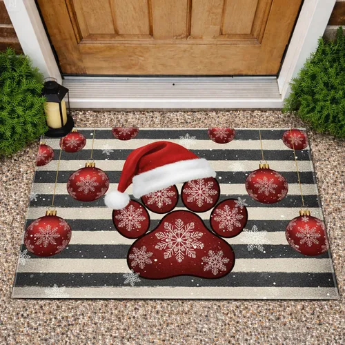 Red Paw Print Santa Hat Christmas Ornaments - Holiday Home Decor Gift for Pet Lovers Doormat