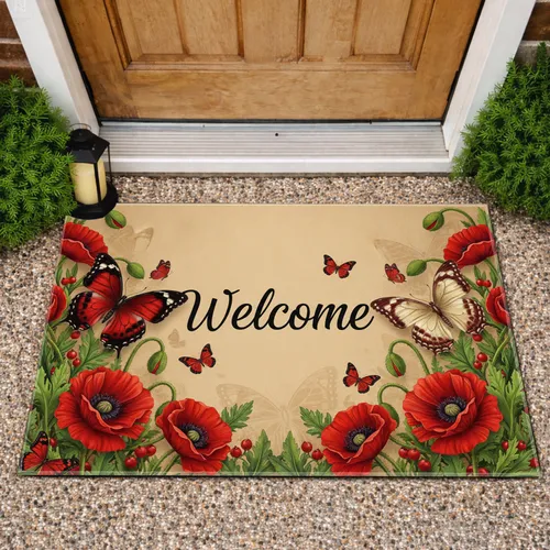Welcome Red Poppies Cream Butterflies Green Foliage - Home Decor Gift Doormat