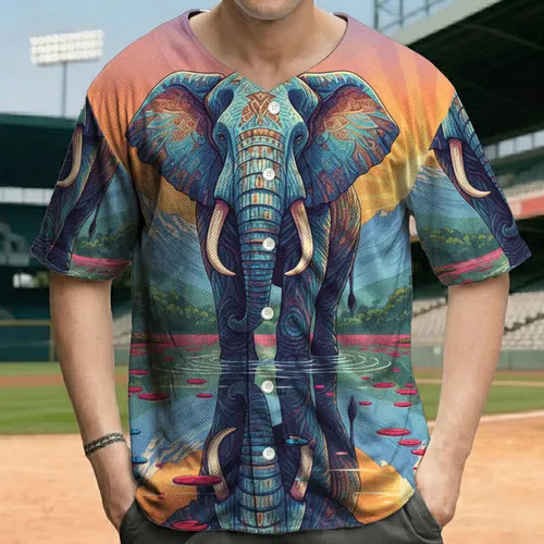 Majestic Elephant Water Lily Pads Mountains Sun Scene - Wildlife Lover Gift Baseball Jersey