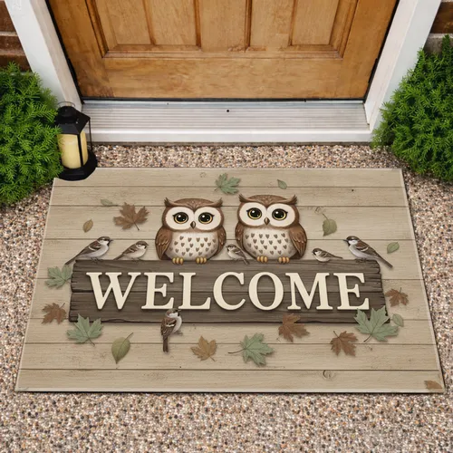 Owls Rustic Welcome Wooden Sign Birds Autumn Leaves - Farmhouse Decor Gift Doormat