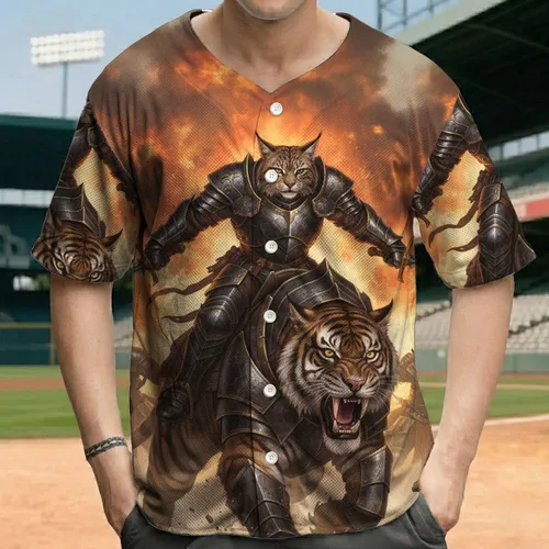Armored Feline Knight Riding Beast Fiery Battle Scene - Epic Fantasy Gift for Fantasy Lover Baseball Jersey