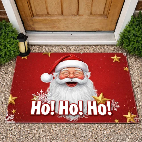 Santa Claus Ho Ho Ho Hearty Laugh Gold Stars Snowflakes - Christmas Holiday Decor Doormat