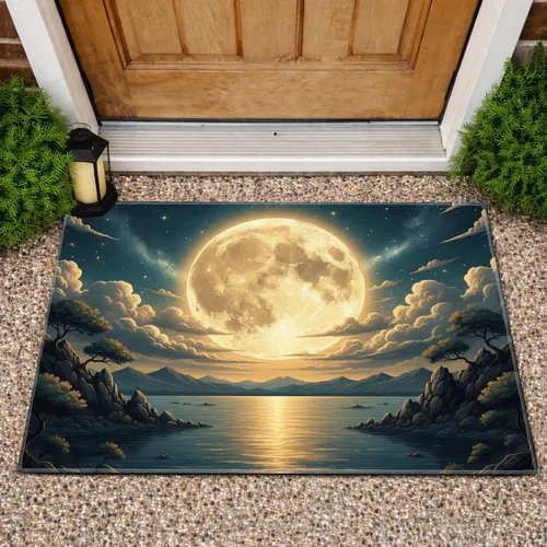 Golden Full Moon Water Reflection Coastal Celestial Night Sky - Home Decor Gift Doormat