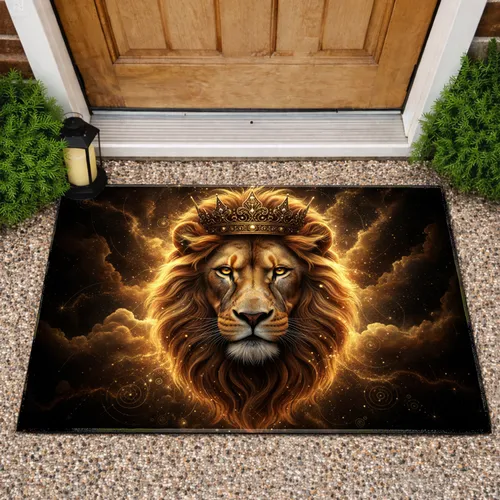 Lion Head Golden Crown Celestial Aura - Home Decor Gift for Wildlife Lover Doormat
