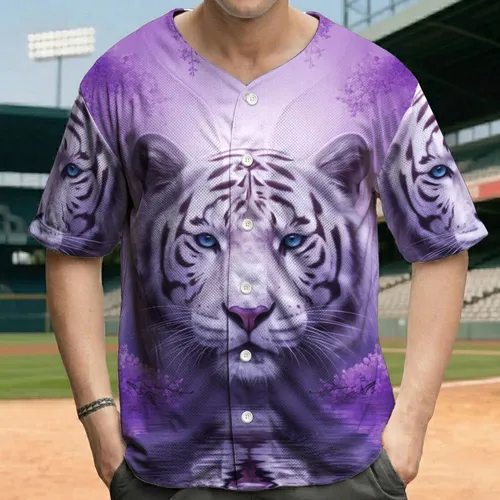 White Tiger Head Reflective Water Purple Flowering Vines Landscape - Wildlife Lover Gift Baseball Jersey