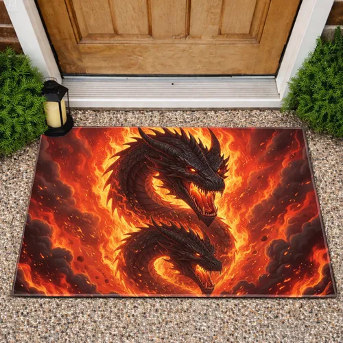 Black Dragon Head Inferno Flames - Home Decor Gift for Fantasy Lover Doormat