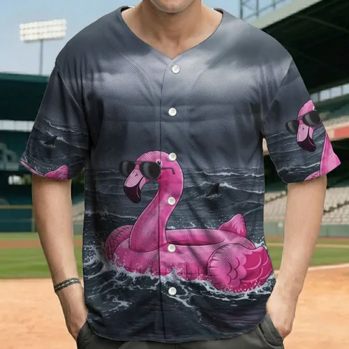 Pink Flamingo Sunglasses Shark Fins - Beach Vacation Gift Baseball Jersey