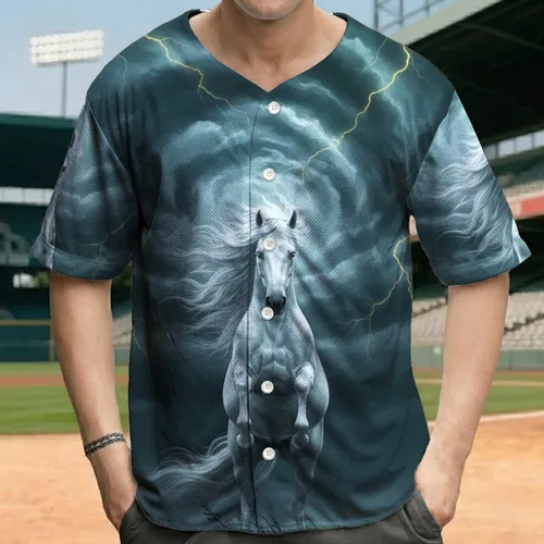 Majestic White Horse Luminous Mane Storm Clouds Lightning Field - Wildlife Lover Gift Baseball Jersey