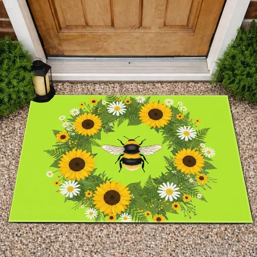 Bumblebee Sunflower Daisy Floral Wreath - Home Decor Gift for Garden Lover Doormat