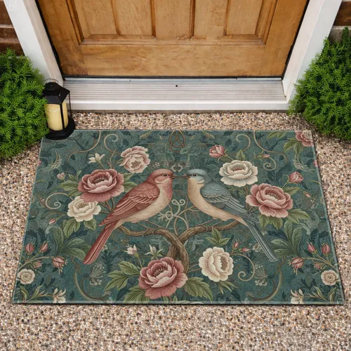Stylized Birds Intertwined Branches Botanical Blossoms - Home Decor Gift Doormat