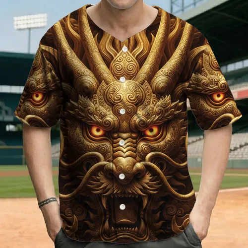 Fierce Golden Chinese Dragon Head Scales Swirls - Legendary Dragon Lover Gift Baseball Jersey