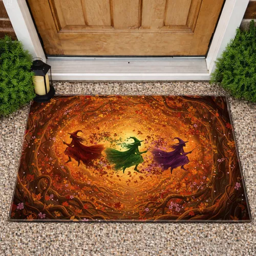 Silhouetted Witches Flying Autumn Forest Path - Halloween Party Decor for Witch Lovers Doormat