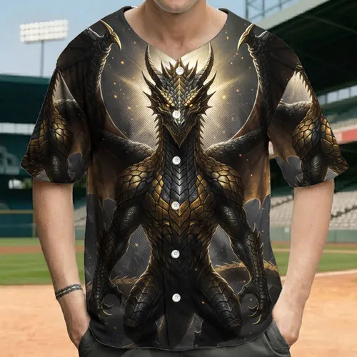 Regal Golden Black Dragon Glowing Eyes Spread Wings - Mythical Creature Gift Baseball Jersey