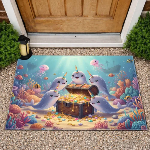 Baby Narwhals Rainbow Horns Treasure Chest Ocean Scene - Sea Life Decor Gift for Kids Doormat