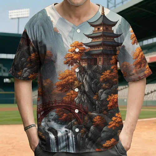 Majestic Pagoda Waterfall Bridge Autumn Trees Misty Mountain Scenery - Outdoor Explorer Gift Baseball Jersey
