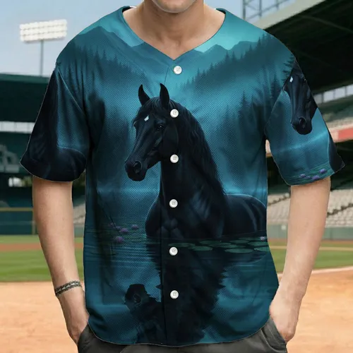 Black Horse Water Lily Moonlit Forest Scene - Wildlife Lover Gift for Horse Enthusiasts Baseball Jersey