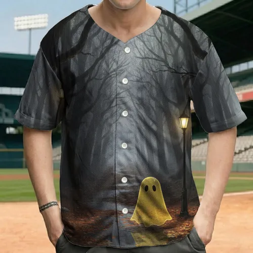 Solitary Soft-Glowing Ghost Figure Winding Wet Path Vintage Lamppost - Misty Forest Gift Baseball Jersey
