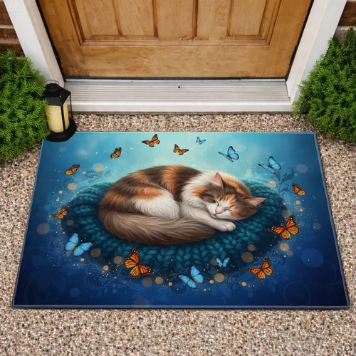 Sleeping Calico Cat Knitted Blanket Monarch Butterfly Dreamscape - Home Decor Gift for Cat Lovers Doormat