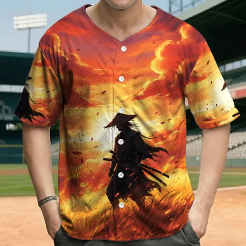 Silhouetted Samurai Ronin Warrior Golden Grass Field Red Orange Sunset Sky - Everyday Wear Gift Baseball Jersey