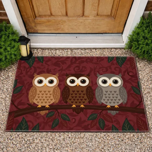 Rich Brown Tan Grey Owls on Branch Inviting Home Decor Gift for Wildlife Lovers Doormat