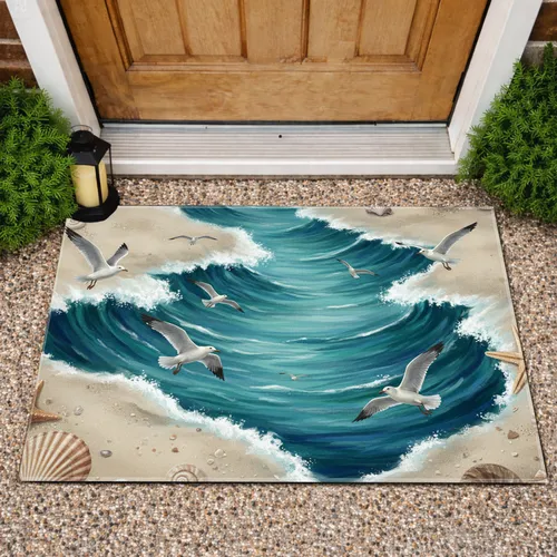 Ocean Waves Seagulls Seashells Starfish Sandy Beach - Coastal Home Decor Gift for Ocean Lover Doormat