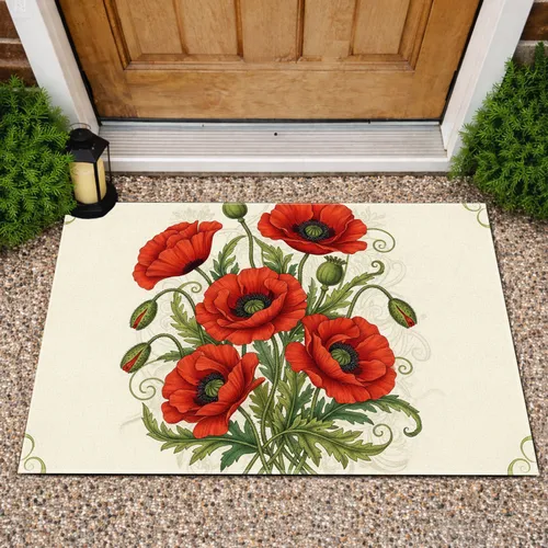 Red Poppy & Green Leaves - Home Decor Gift for Flower Lovers Doormat