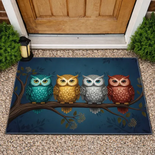 Four Brightly Colored Plump Owls Gnarled Tree Branch - Wildlife Lover Gift Doormat