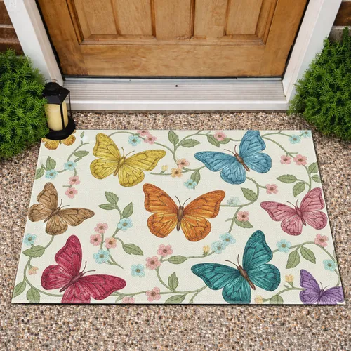 Vibrant Butterflies Floral Vines Cream Texture - Garden Decor Gift for Garden Lover Doormat