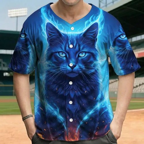 Majestic Blue Cat Glowing Electric Eyes Fiery Energy - Fantasy Lover Gift for Cat Lovers Baseball Jersey