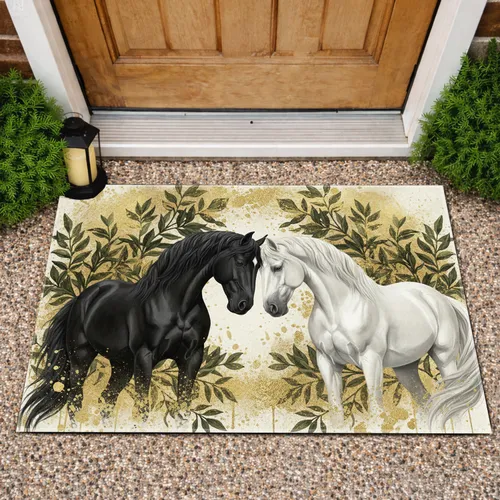 Black White Horses Embrace Gold Foil Foliage Home Decor Gift for Horse Lover Doormat