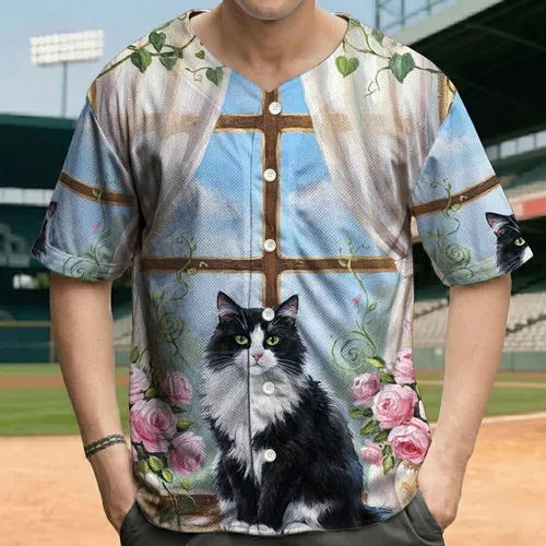 Charming Domestic Cat Pink Roses Green Vines Window View - Home Decor Gift Baseball Jersey