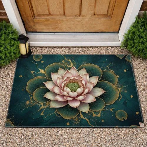 Lotus Flower Lily Pad Gold Leaf Golden Veins Water Surface Home Decor Gift Doormat