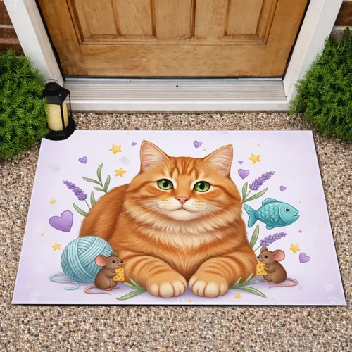 Fluffy Orange Tabby Cat Yarn Ball Mice - Cat Lover Home Decor Gift Doormat